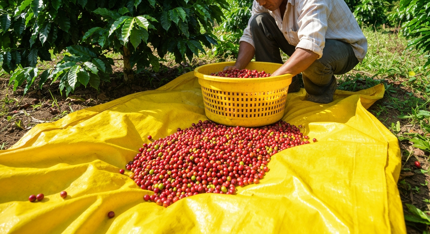 Bạt vàng hái cà phê: Nổi bật, sạch sẽ, thu hoạch dễ dàng.